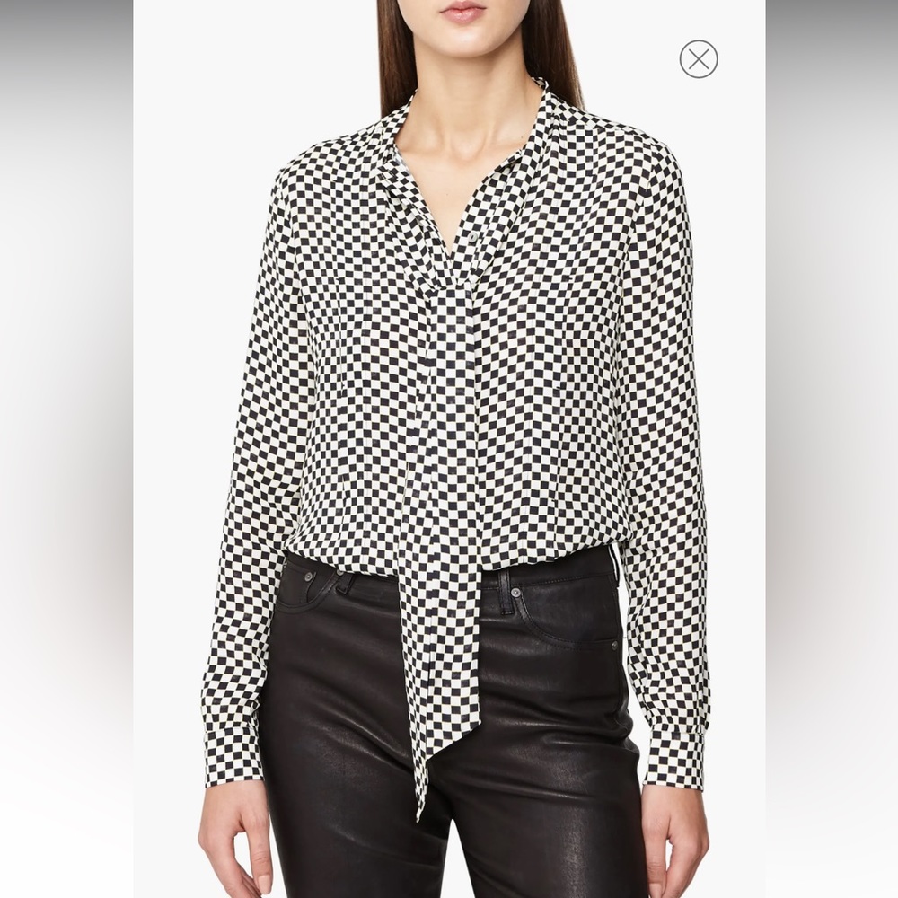 Reiss Cayley Print Check Blouse with Tie Neck